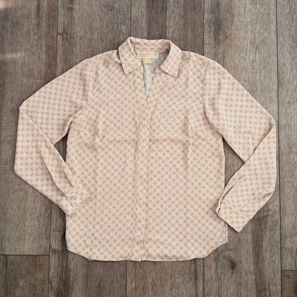 Michael Michael Kors Tan Geometric Print Split V Neck Long Sleeve Blouse Size XS